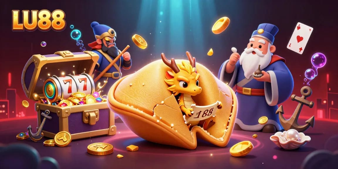 LU88 game elements come alive in an energetic casino scene featuring vibrant characters and treasures.