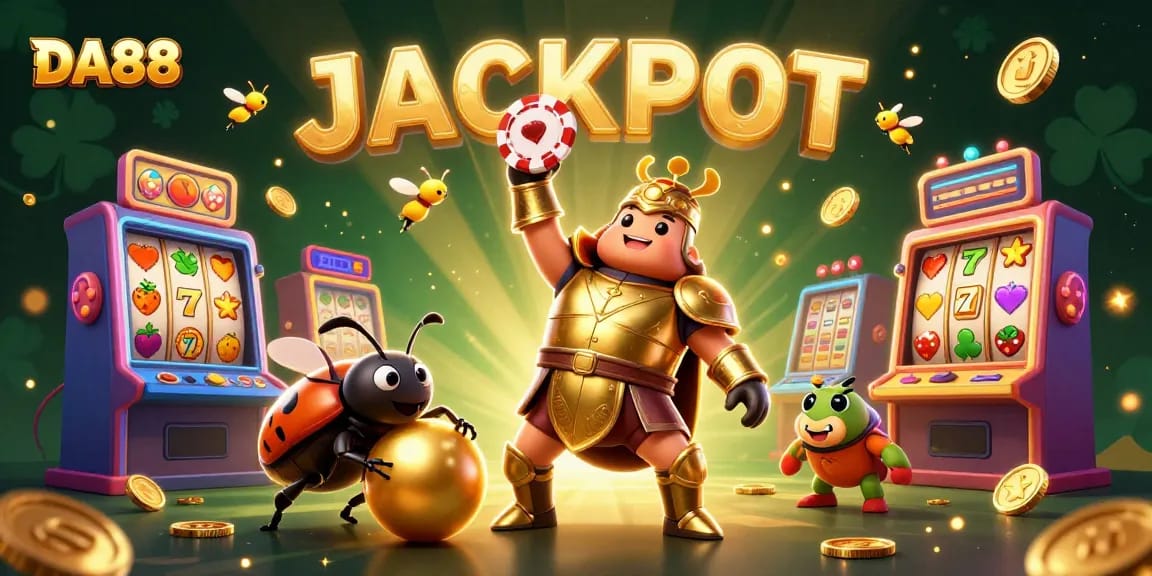 DA88 showcases exciting jackpot moments with an energetic 3D beetle scene filled with casino fun.