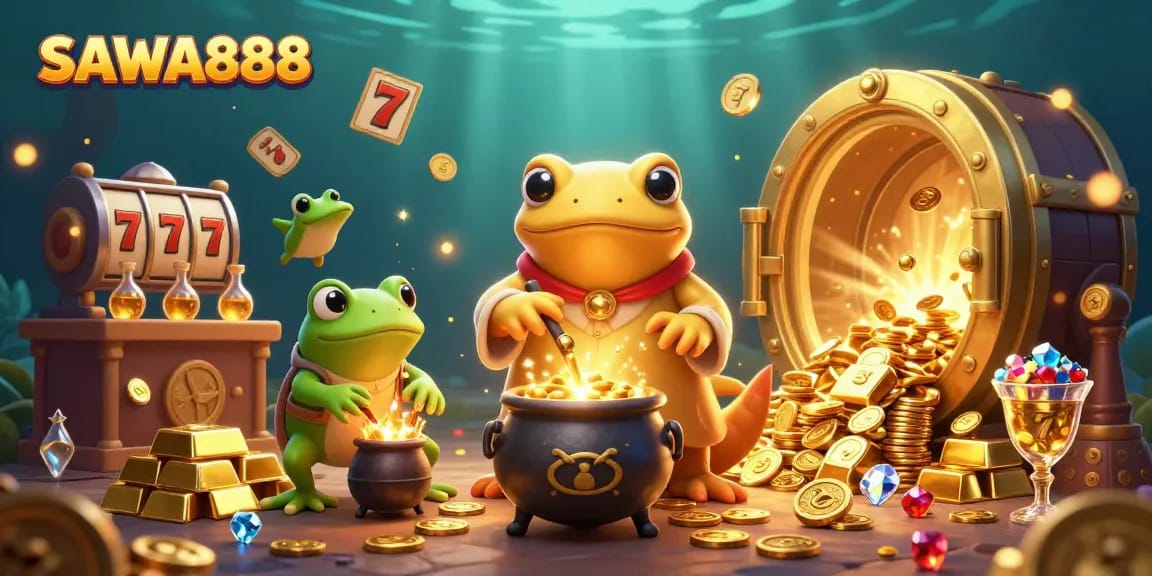 Spin to win with SAWA888, featuring dynamic slot elements in a magical gold treasure scene.