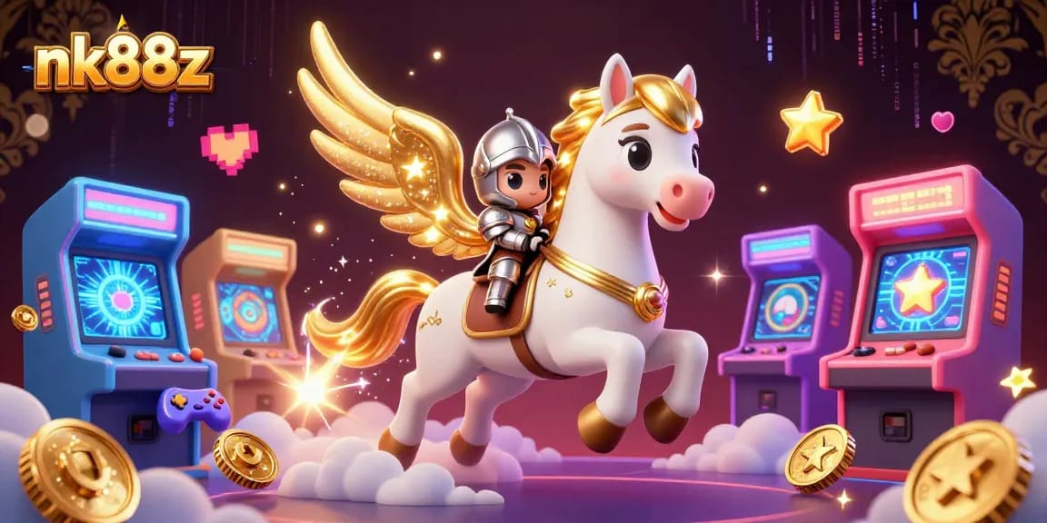 Experience the thrill of nk88z with a celestial horse and knight in a vibrant casino scene.