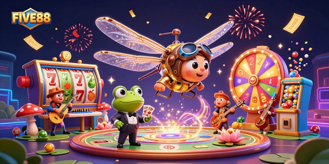 Engage with FIVE88 in this dynamic casino scene featuring vibrant characters and game elements.