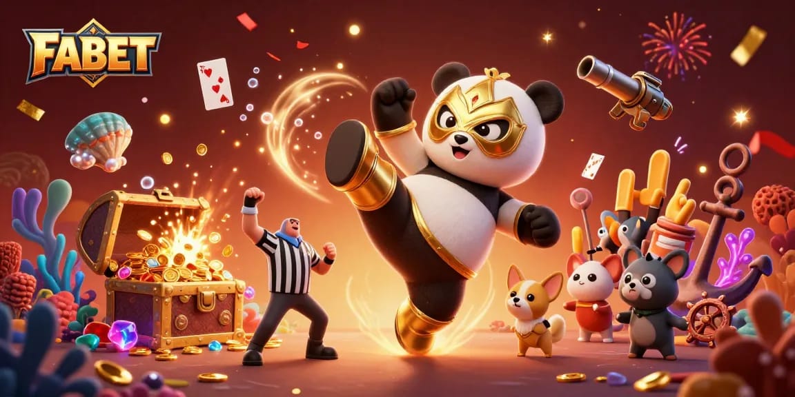 Engage with FABET's dynamic casino scene featuring a wrestling panda amid exploding treasure and lively spectators.