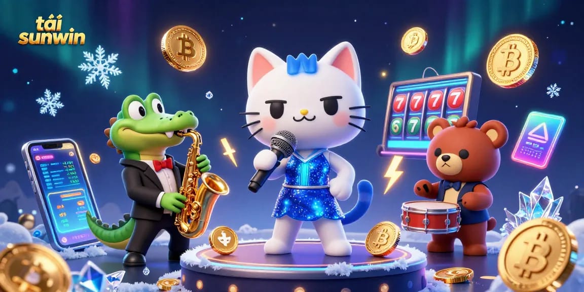 Play and win at tải sunwin with a vibrant 3D cartoon casino scene featuring unique characters.