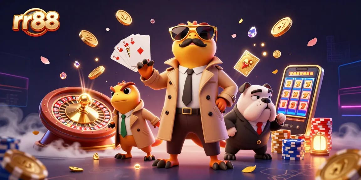 Play at rr88's vibrant casino scene with raptors in disguise and golden casino elements.