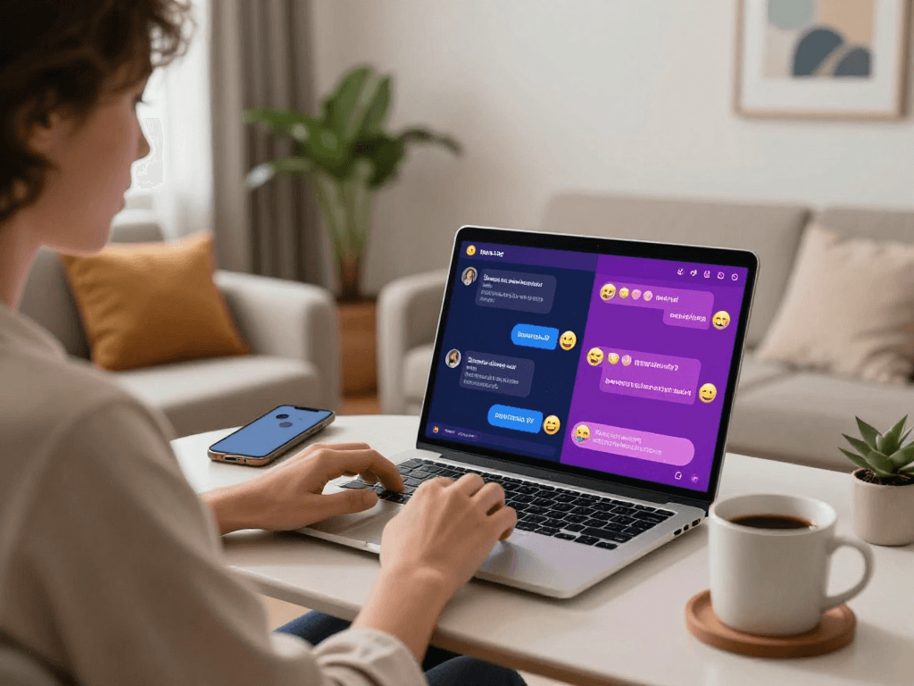 Engaging user in a cozy living room participating in sex chat AI conversations, showcasing a vibrant chat interface.