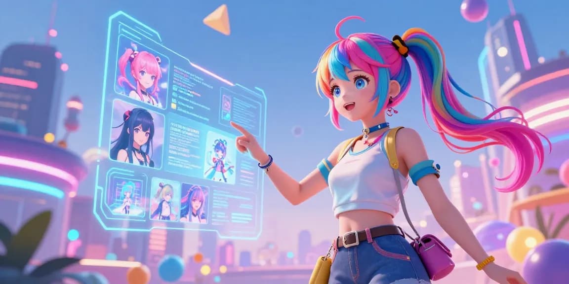 Ecchi AI art featuring a stylish anime girl engaging with a holographic AI interface in a vibrant digital cityscape.