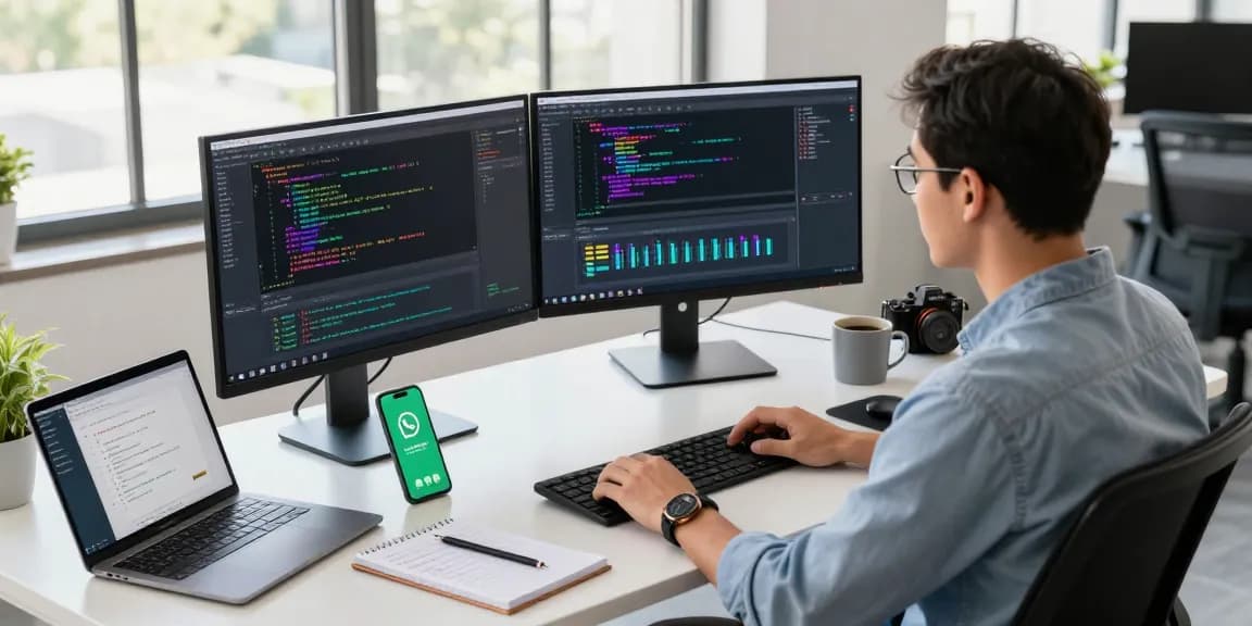 WhatsApp下載 in a vibrant tech workspace featuring a developer coding with dual monitors and mobile devices.