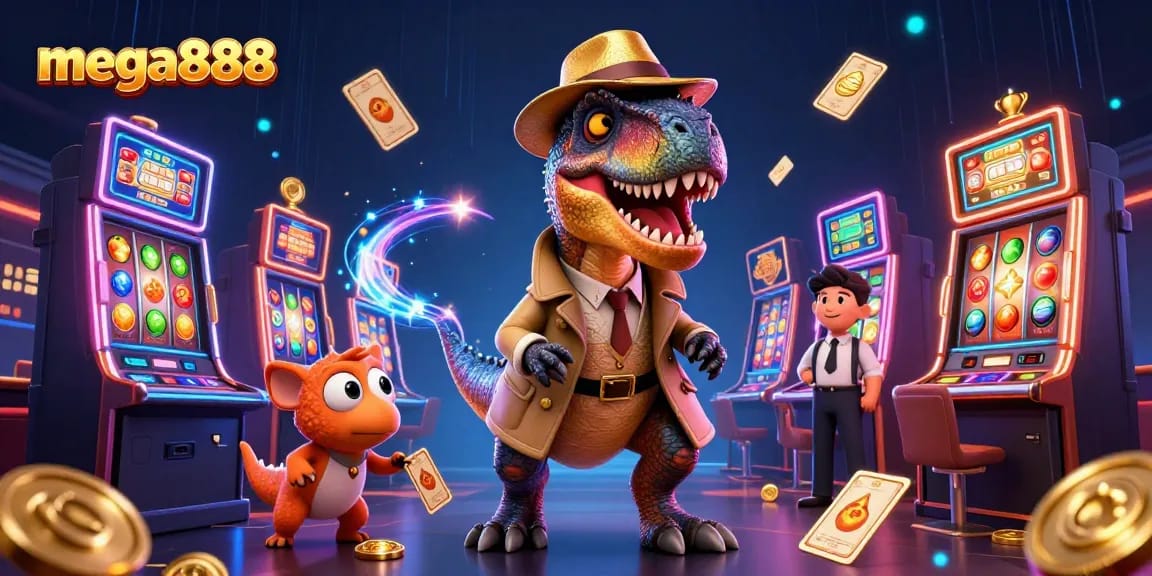Experience thrilling mega888 gameplay with a dinosaur-themed slot machine scene full of energy.