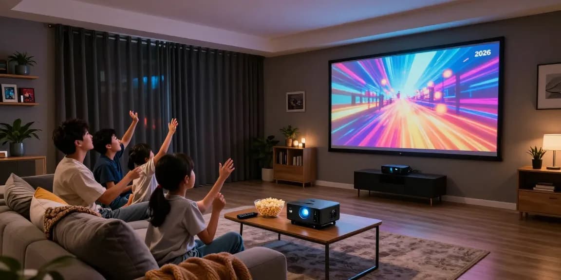 Family enjoying movie night with the best projector 2026 in a cozy home theater.