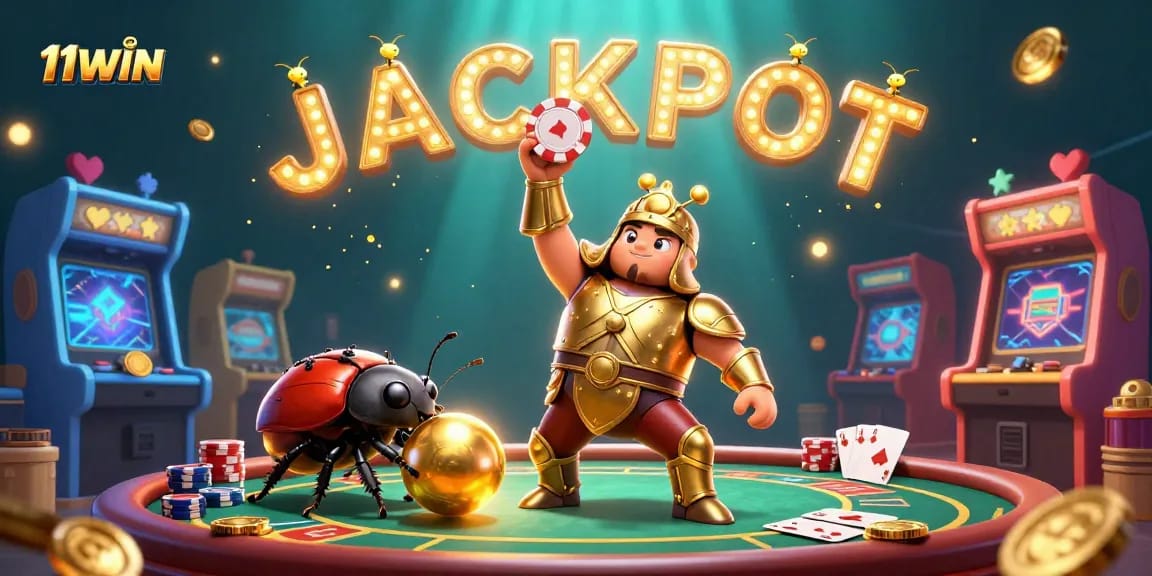 Win big with 11WIN in this vibrant 3D casino scene featuring cartoon beetles and dynamic gaming elements.