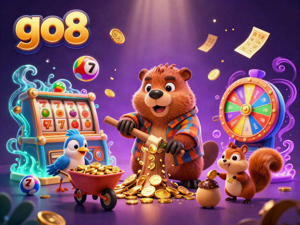 Spin and win with go8 in a colorful 3D illustration featuring charming characters and casino games.