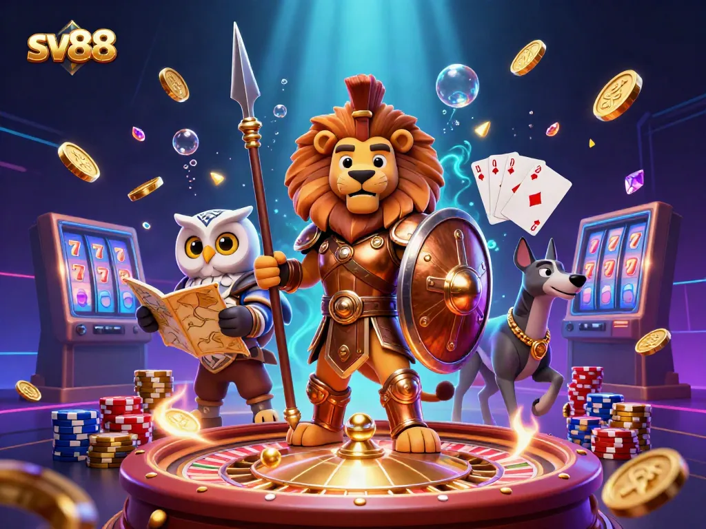 Experience thrilling wins at sv88 with a lively casino scene featuring a Spartan lion and dynamic gaming elements.