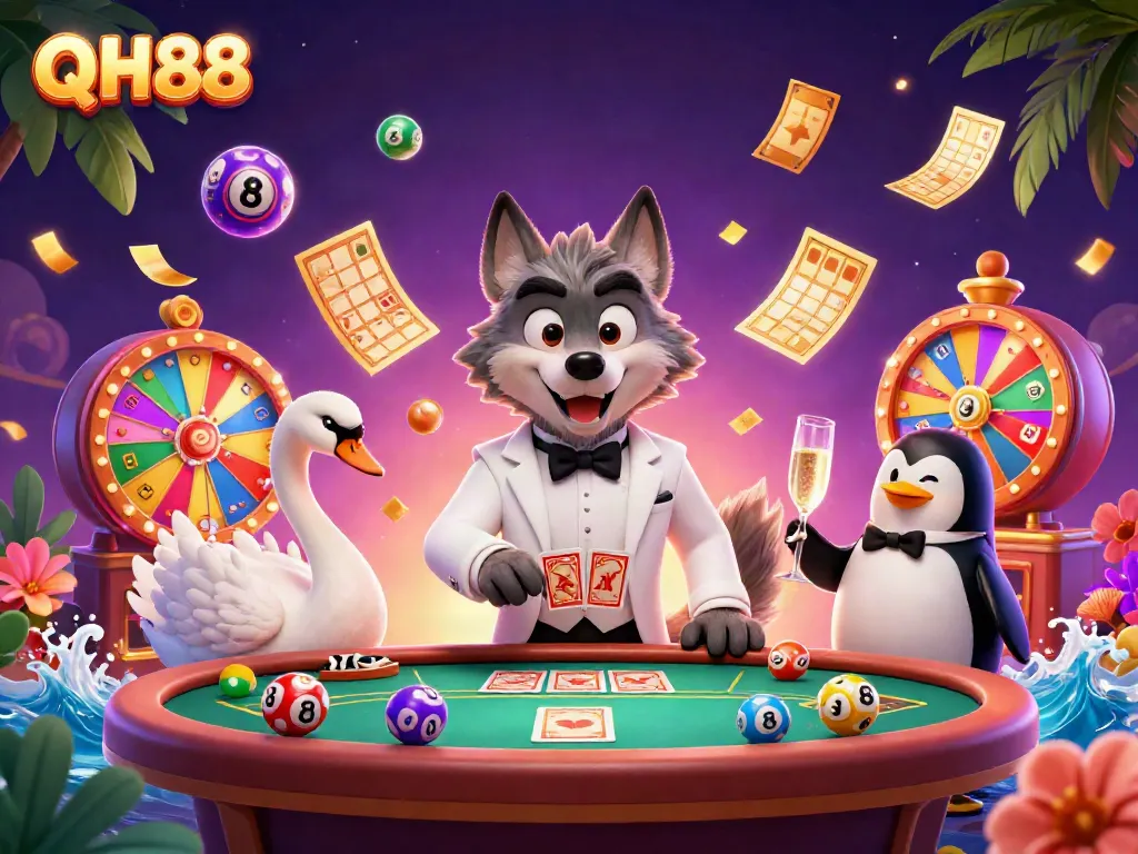 Engage with QH88 at a vibrant casino scene featuring unique characters and exciting games.