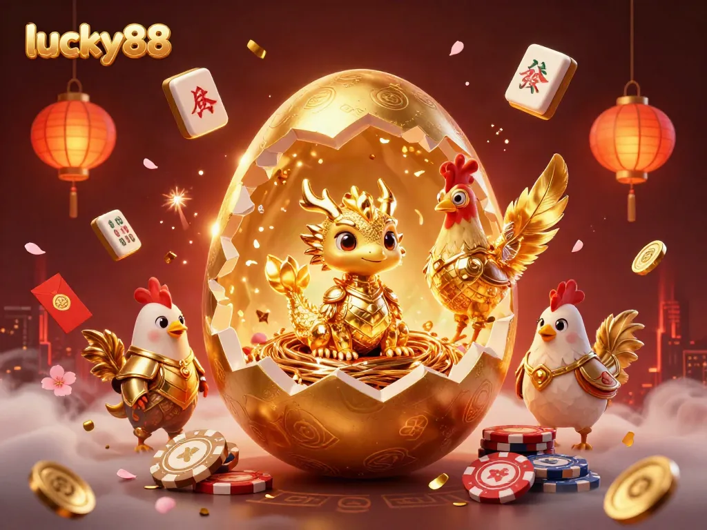 Experience thrilling slots action at lucky88 with a golden dragon and poker chip nest in dynamic 3D illustration.