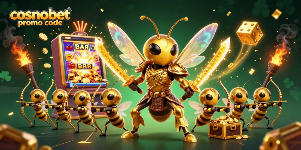 Experience thrilling gameplay with Cosmobet promo code, showcasing a golden hornet samurai amidst casino treasures.