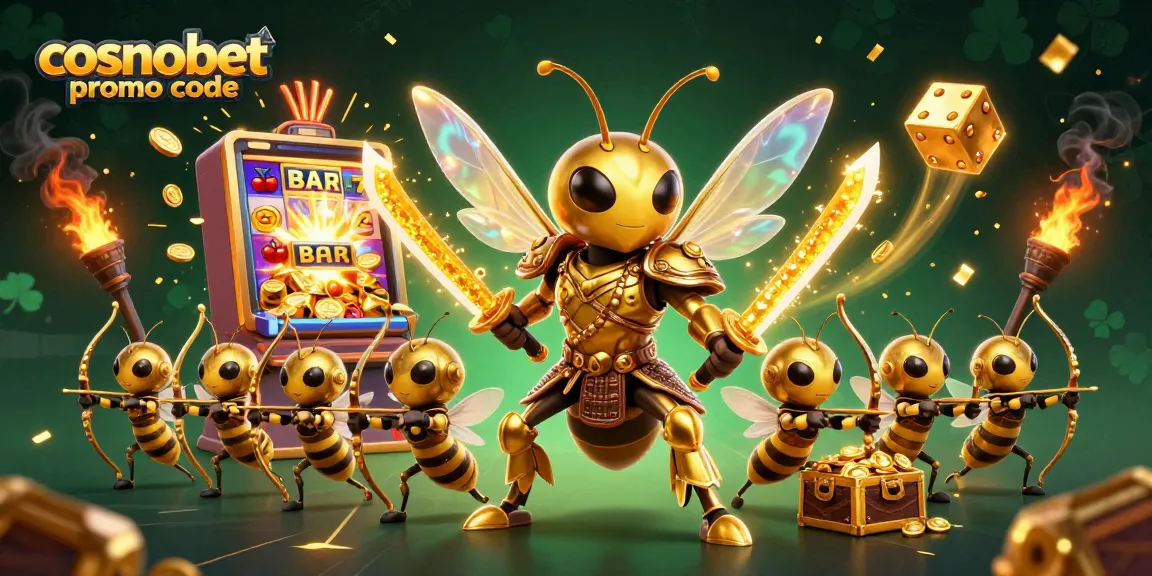 Experience thrilling gameplay with Cosmobet promo code, showcasing a golden hornet samurai amidst casino treasures.
