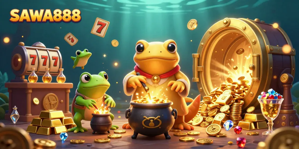 Spin to win with SAWA888, featuring dynamic slot elements in a magical gold treasure scene.