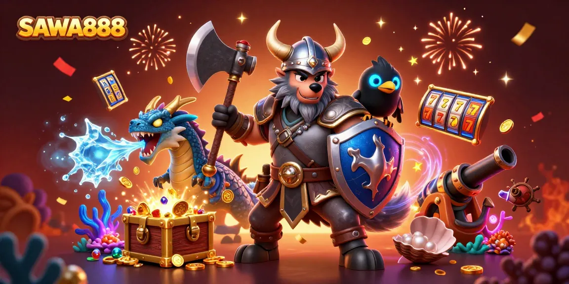 Experience exciting gaming moments with SAWA888's captivating 3D illustration featuring fantasy characters amidst a vibrant casino atmosphere.