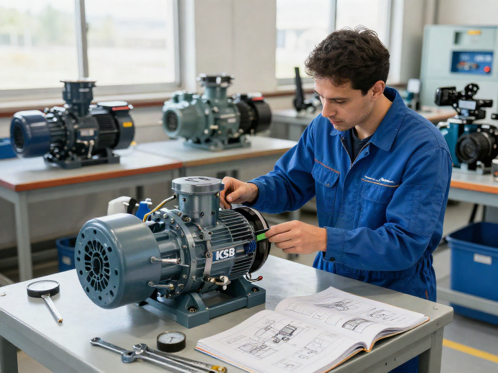 Ingeniero revisando Bombas KSB Venezuela en un taller profesional de ingeniería con luz natural.