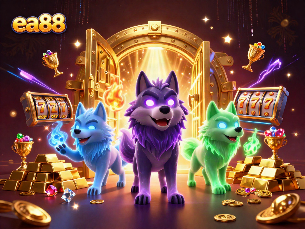 Experience the thrill of ea88 slots with spectral wolves, treasure, and jewels in a high-energy casino scene.