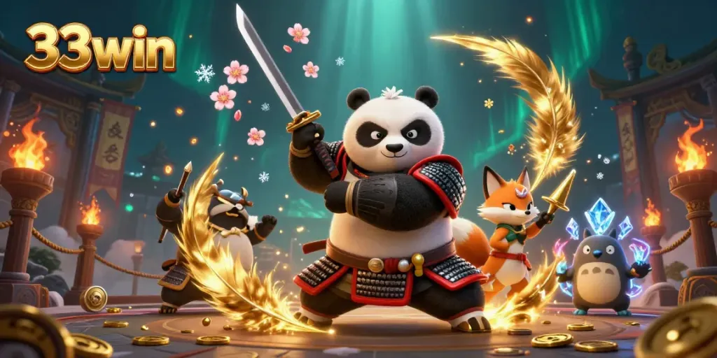 Experience the excitement of 33win with this dynamic casino scene featuring animated characters.