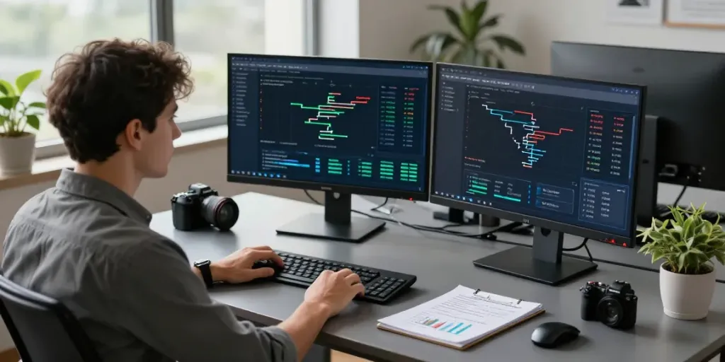Cryptocurrency transaction tracing analysis in a modern office with dual monitors and forensic investigation tools.