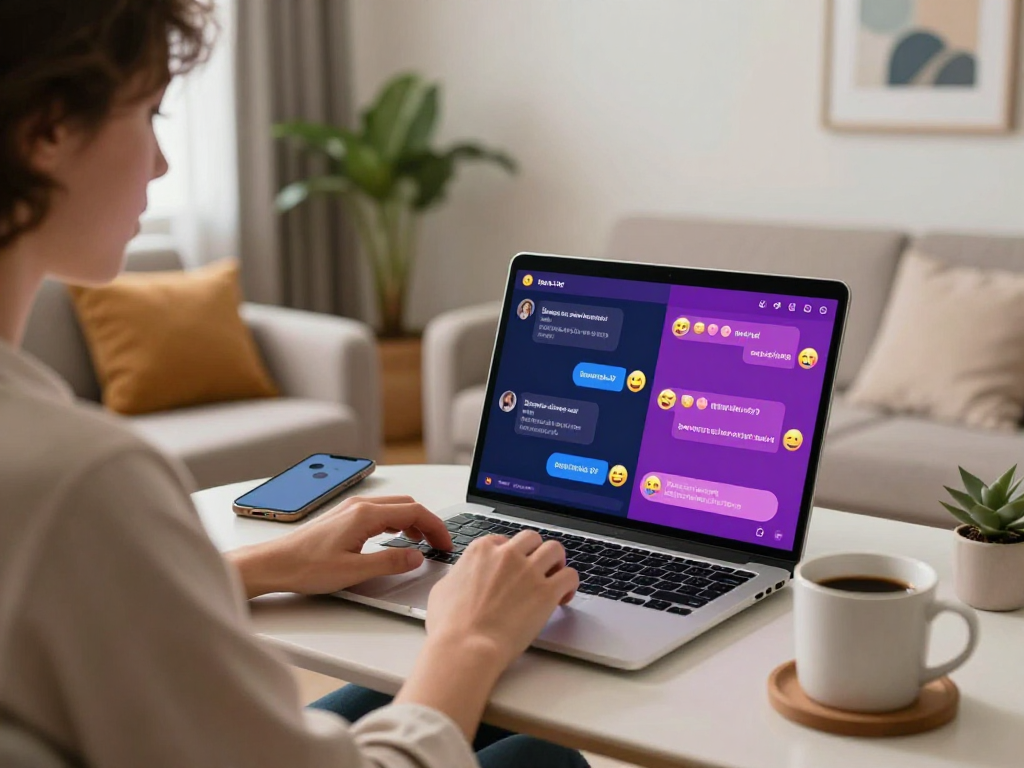 Engaging user in a cozy living room participating in sex chat AI conversations, showcasing a vibrant chat interface.