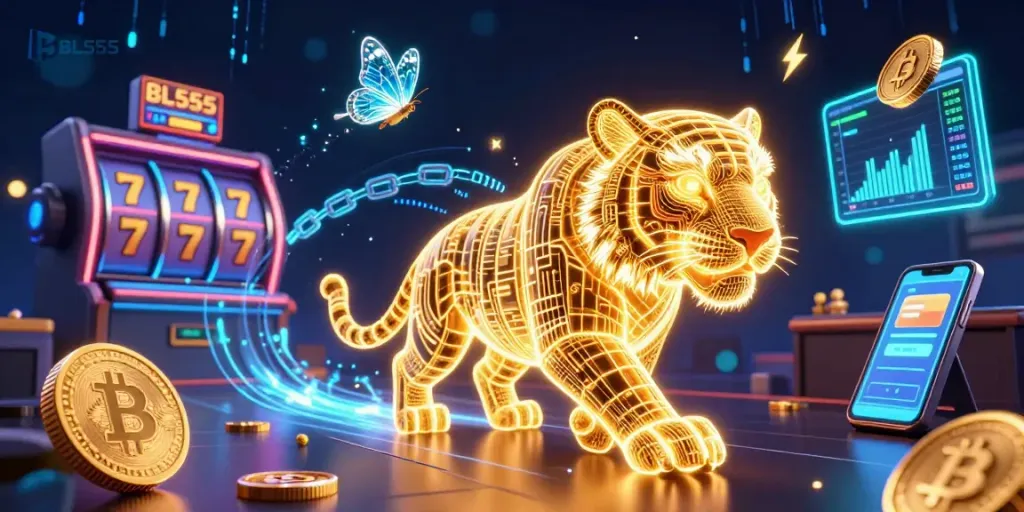 Engage with the vibrant digital casino atmosphere of BL555, showcasing vivid slot reels and neon elements.