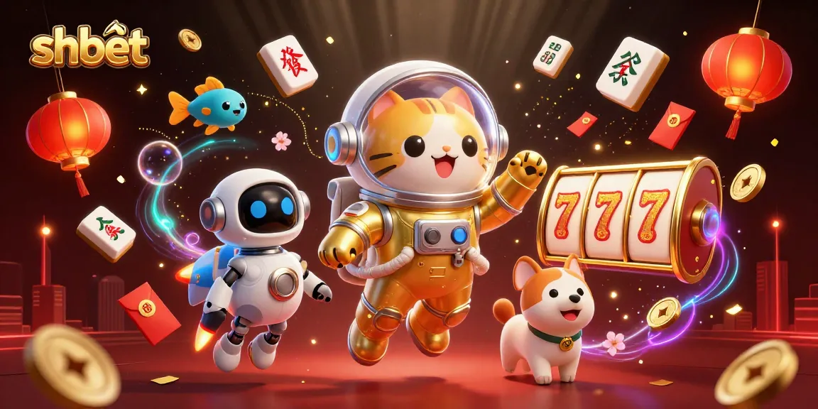 shbet space-themed casino illustration featuring an astronaut cat and a robot dog amidst spinning slot reels and rich decorations