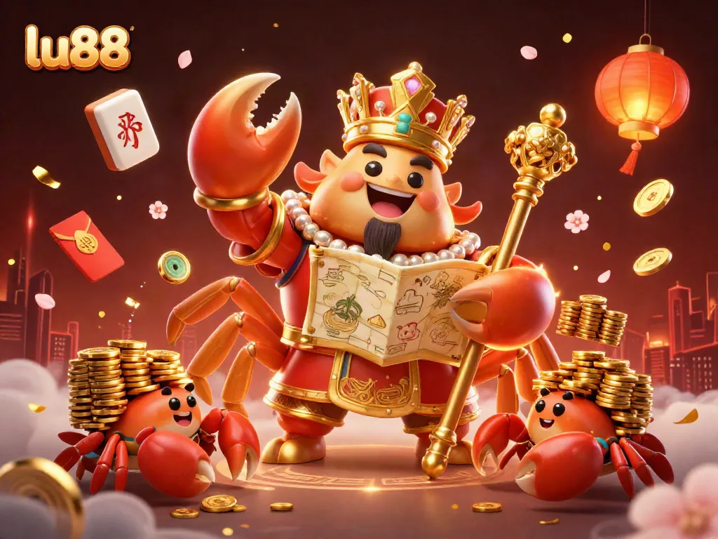 Engage with lu88's vibrant gaming scene featuring a golden crab emperor amidst festive elements.