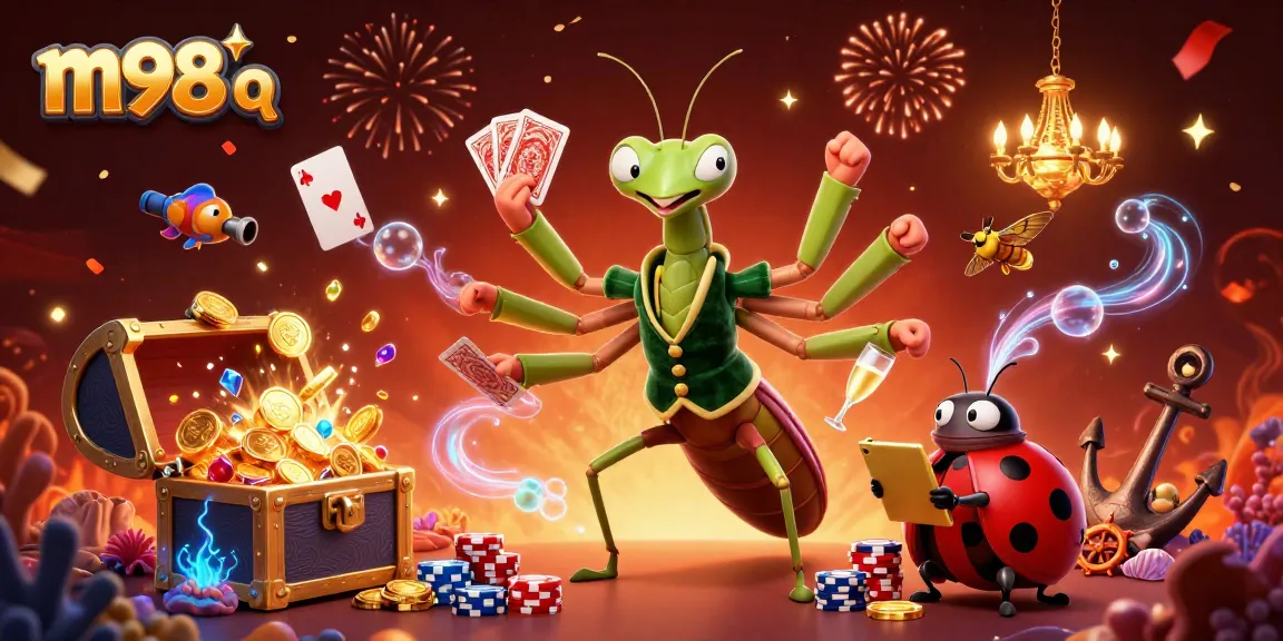 Engage in thrilling casino action with m98 q featuring a cartoon mantis dealer and festive elements.