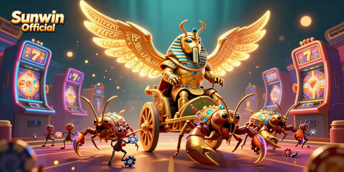 Engage with the dynamic casino scene featuring Sunwin Official's characters amid colorful slot machines.