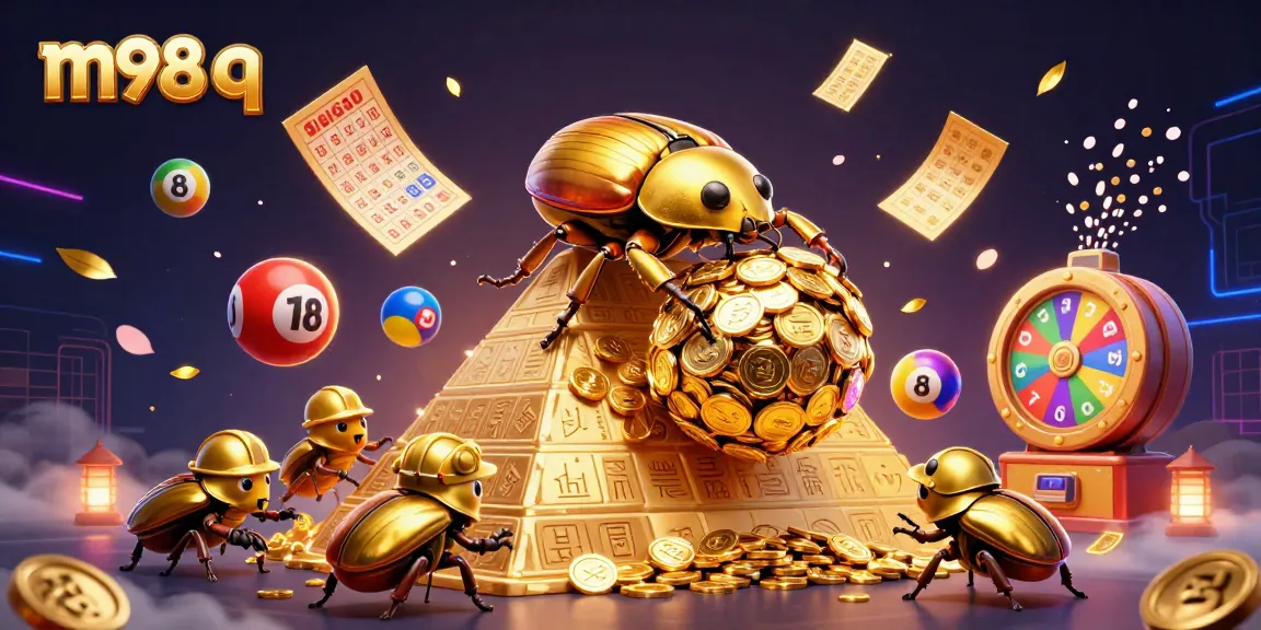 Experience the thrill of gambling with m98 q as golden beetles roll treasure in a vibrant casino-themed illustration.