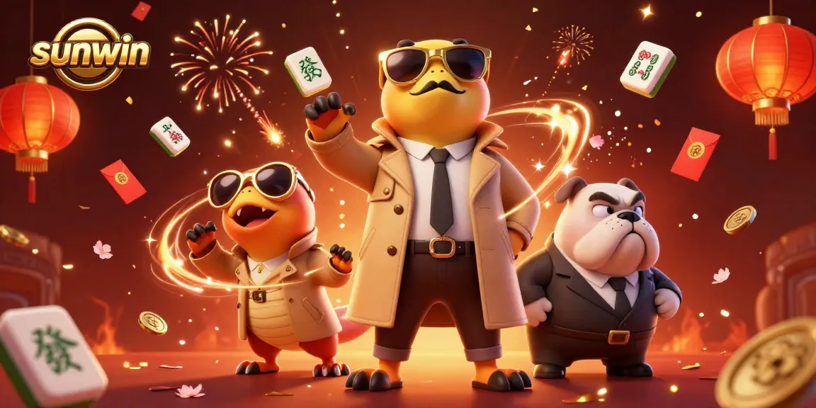 Experience sunwin's vibrant gambling world inside a VIP casino with energetic raptors and confetti.