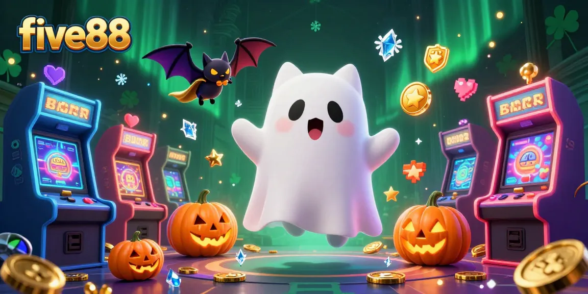 Experience the excitement of five88 with a playful ghost cat and bat in a vibrant casino scene.