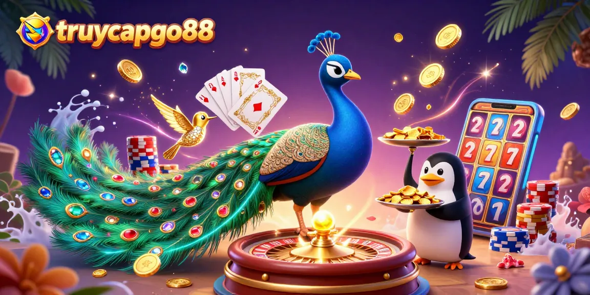 Experience the excitement of truycapgo88 with vibrant casino elements featuring a peacock and penguin