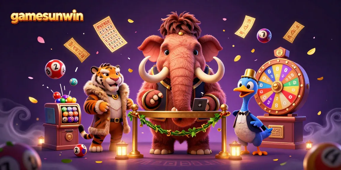 Experience gamesunwin with a vibrant 3D illustration depicting a lively casino scene with playful characters and dynamic elements.