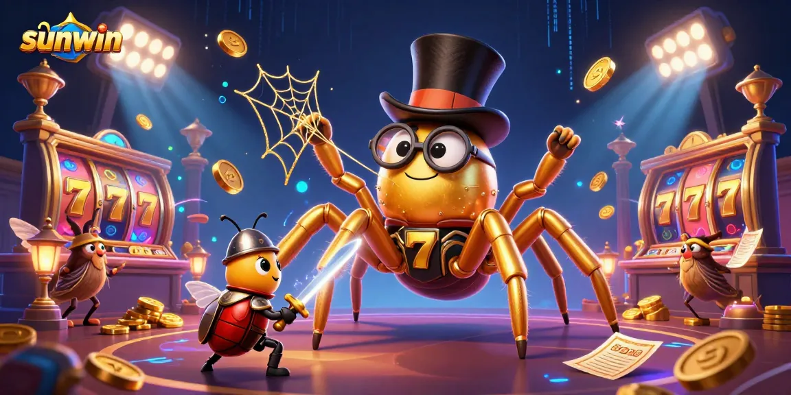 Experience thrilling action at sunwin with a vibrant golden tarantula and beetle knight in a dynamic casino scene.