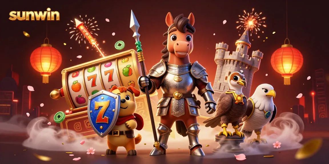 Engage with sunwin's exciting games in a vibrant, dynamic 3D illustration featuring knights and gambling elements.