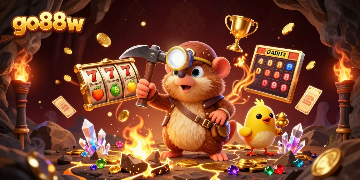 Experience the thrill of go88w with a treasure hunting mole amid dazzling slot elements and golden gems.